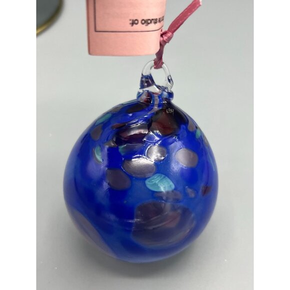 Studio Art Glass Tree Ornament Loretta Eby Hand Blown Blue Ball Confetti Gift - Picture 4 of 10